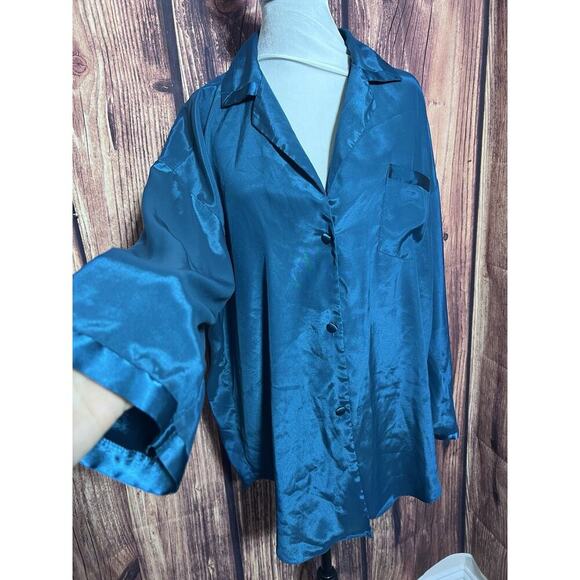 VICTORIA'S SECRET SILK PAJAMA Top Shirt Dress Size M Blue Emerald Pocket - Picture 2 of 8